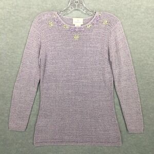 Vtg Susan Bristol PP Lavender Sweater Ribbon‎ Embroidered Neckline Double Petite